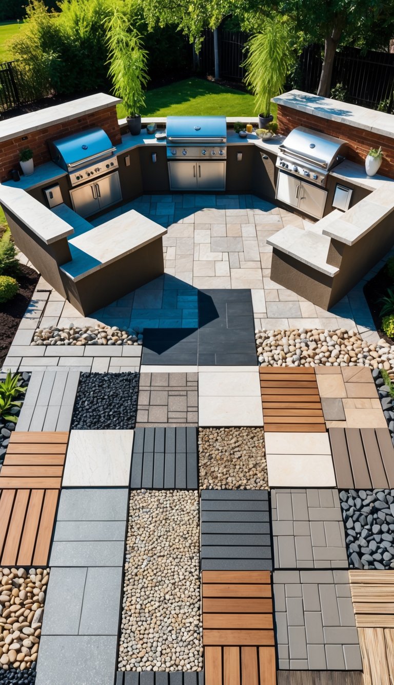 15 Outdoor Kitchen Flooring Ideas to Elevate Your Patio Design 1 A backyard featuring multiple outdoor kitchen areas with different types of flooring including stone, wood, brick, tile, and gravel.