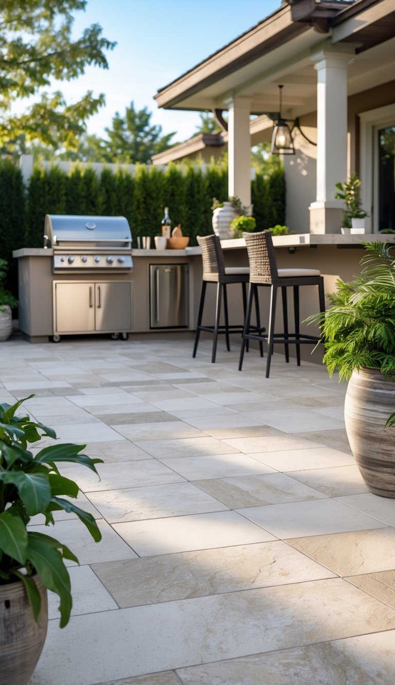 15 Outdoor Kitchen Flooring Ideas to Elevate Your Patio Design 2 An outdoor kitchen with porcelain tile flooring, modern appliances, and surrounding greenery.