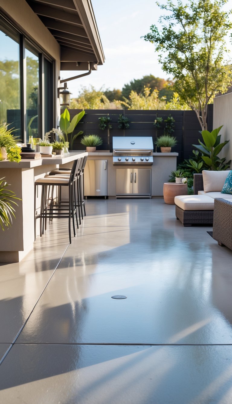 15 Outdoor Kitchen Flooring Ideas to Elevate Your Patio Design 3 An outdoor kitchen with sealed concrete flooring, stainless steel appliances, and seating under a clear sky.