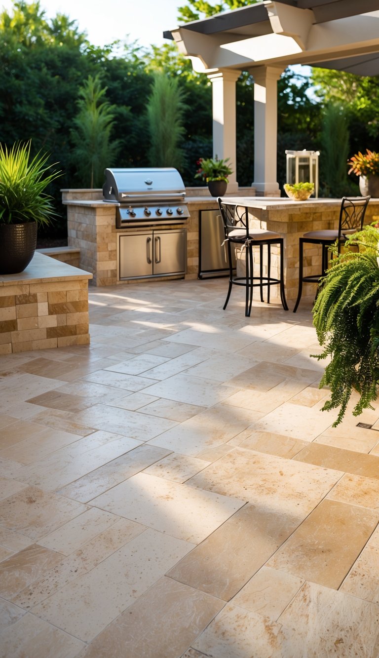 15 Outdoor Kitchen Flooring Ideas to Elevate Your Patio Design 4 Outdoor kitchen area with travertine stone tile flooring, modern grill, countertop, and surrounding greenery.