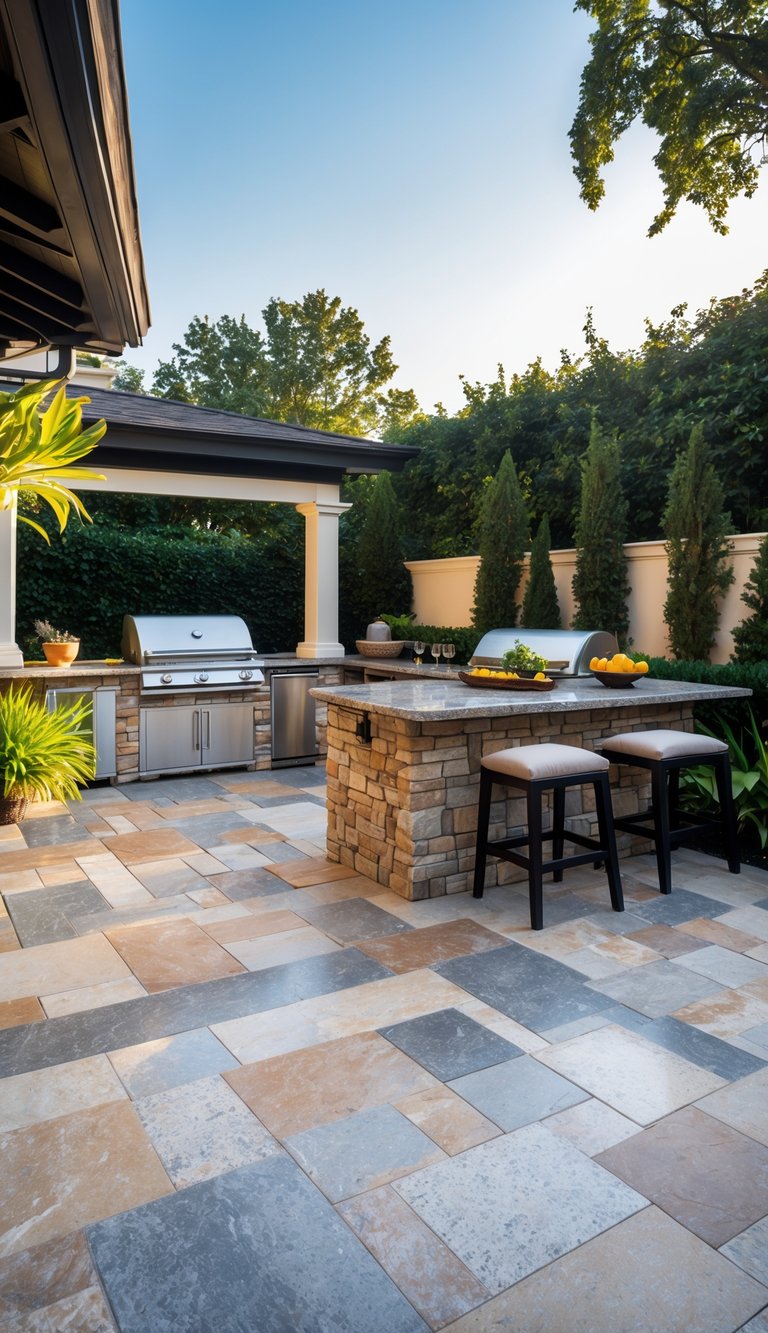 15 Outdoor Kitchen Flooring Ideas to Elevate Your Patio Design 5 Outdoor kitchen with granite stone flooring, stainless steel appliances, and a stone countertop island surrounded by plants.