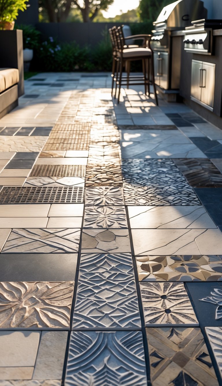 15 Outdoor Kitchen Flooring Ideas to Elevate Your Patio Design 7 Outdoor kitchen area with textured ceramic tile flooring and modern cooking appliances.