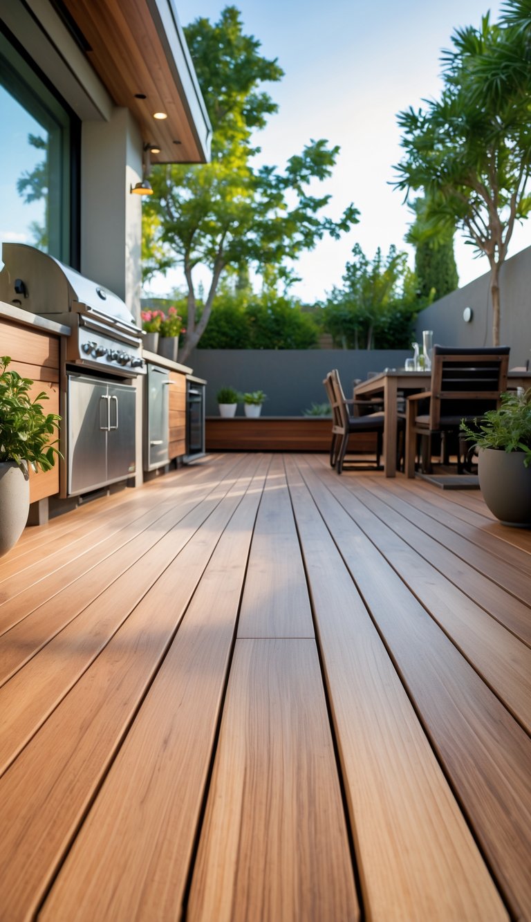15 Outdoor Kitchen Flooring Ideas to Elevate Your Patio Design 8 Outdoor kitchen area with wooden decking and weatherproof seal, featuring a built-in grill, dining furniture, and plants.