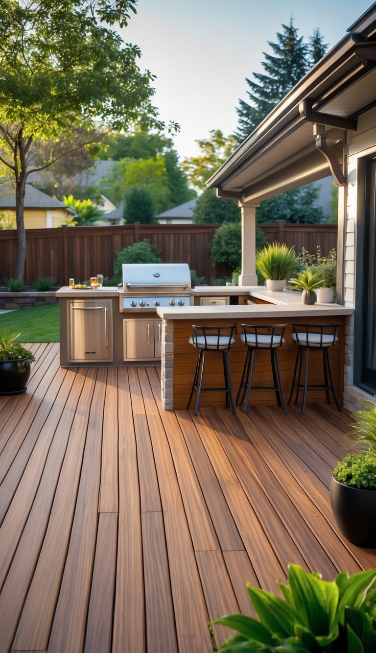 15 Outdoor Kitchen Flooring Ideas to Elevate Your Patio Design 9 An outdoor kitchen on a wooden composite deck with a grill, countertop, bar stools, and surrounding plants in a backyard setting.