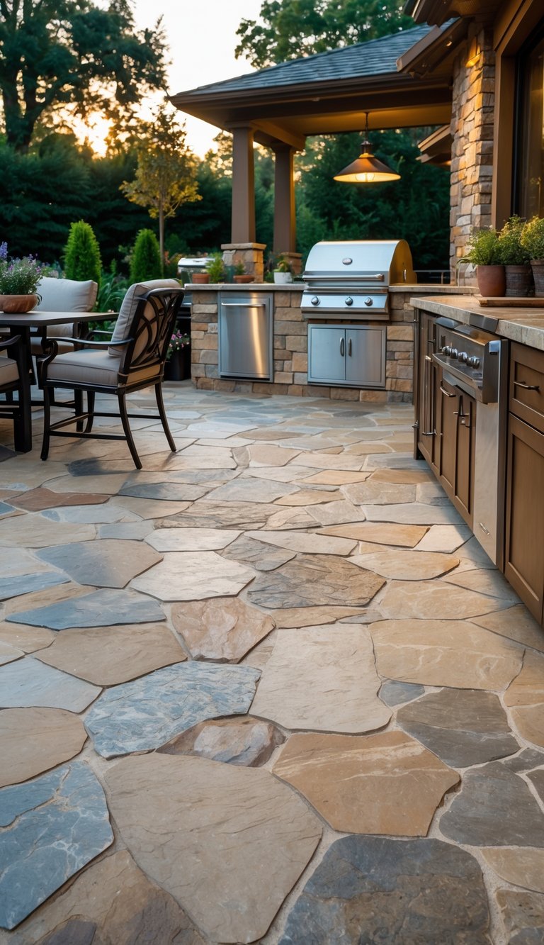 15 Outdoor Kitchen Flooring Ideas to Elevate Your Patio Design 10 An outdoor kitchen with flagstone paver flooring, a built-in grill, stone countertops, seating area, and surrounding greenery.