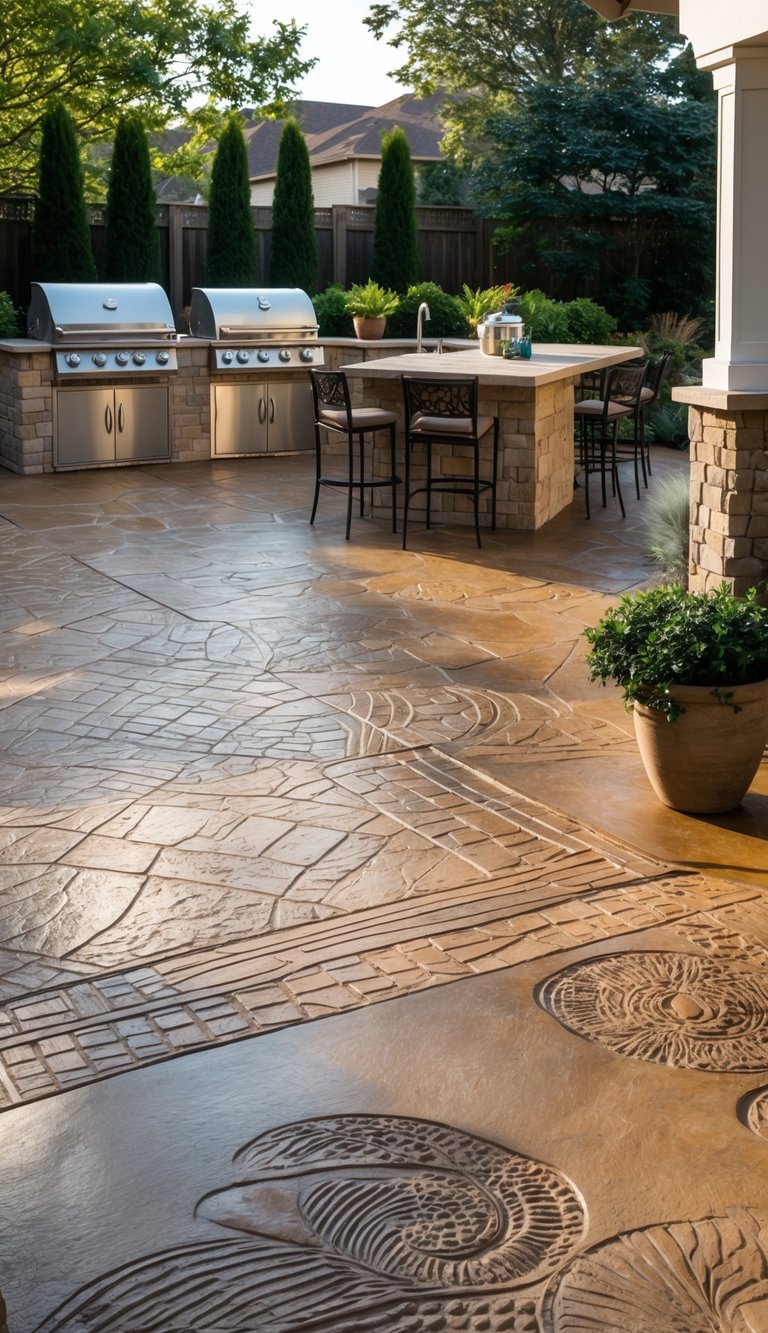 15 Outdoor Kitchen Flooring Ideas to Elevate Your Patio Design 11 Outdoor kitchen with stamped concrete flooring, modern grill, stone countertop island, and surrounding garden.