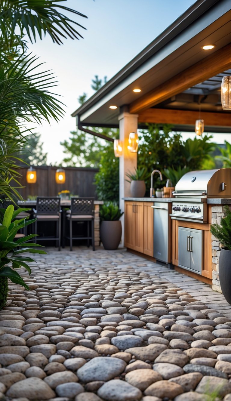 15 Outdoor Kitchen Flooring Ideas to Elevate Your Patio Design 12 Outdoor kitchen with cobblestone flooring, stone countertop island, stainless steel appliances, and surrounding greenery.