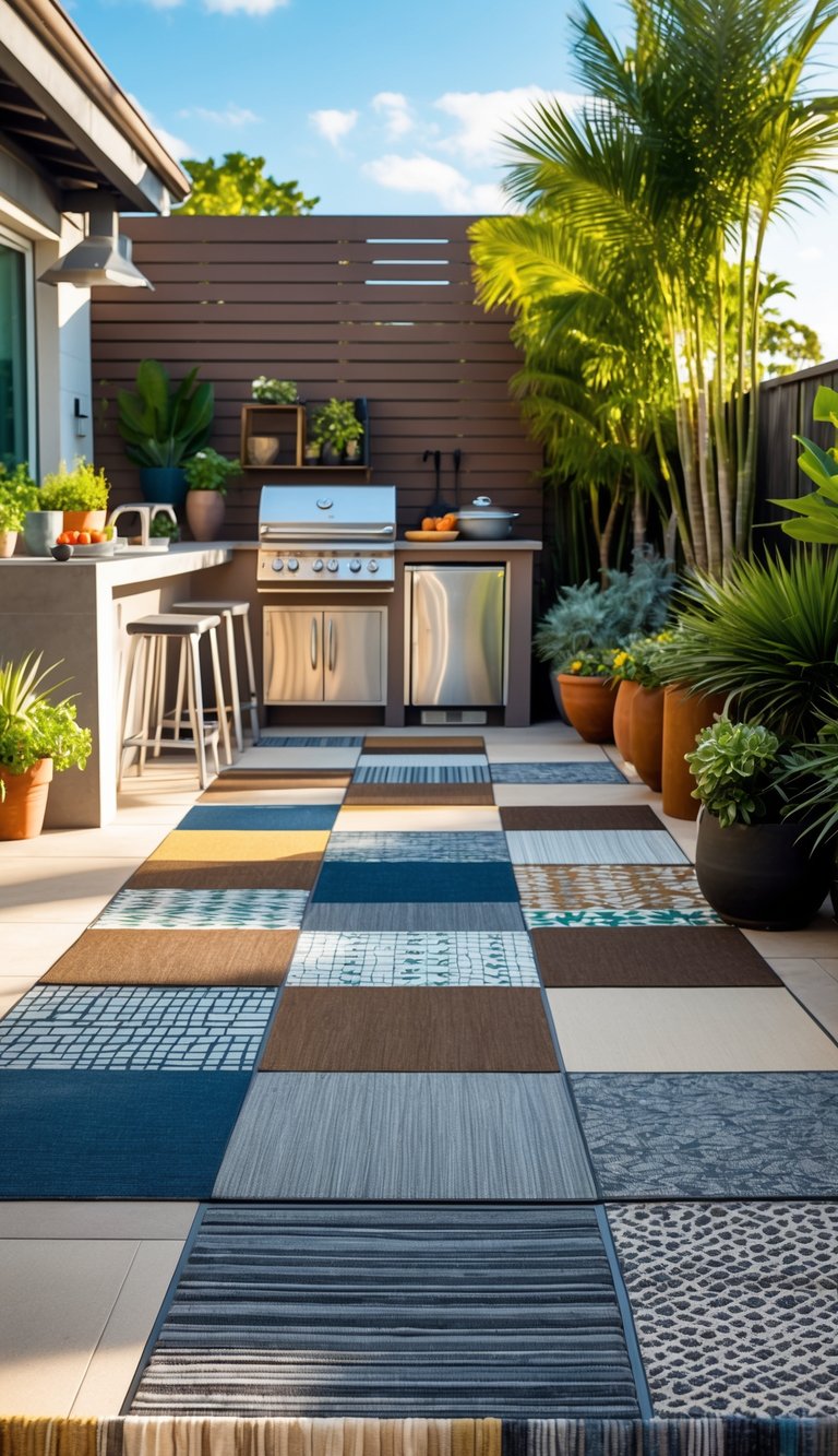 15 Outdoor Kitchen Flooring Ideas to Elevate Your Patio Design 13 An outdoor kitchen area with different carpet tiles on the floor, stainless steel appliances, bar stools, and plants under natural sunlight.