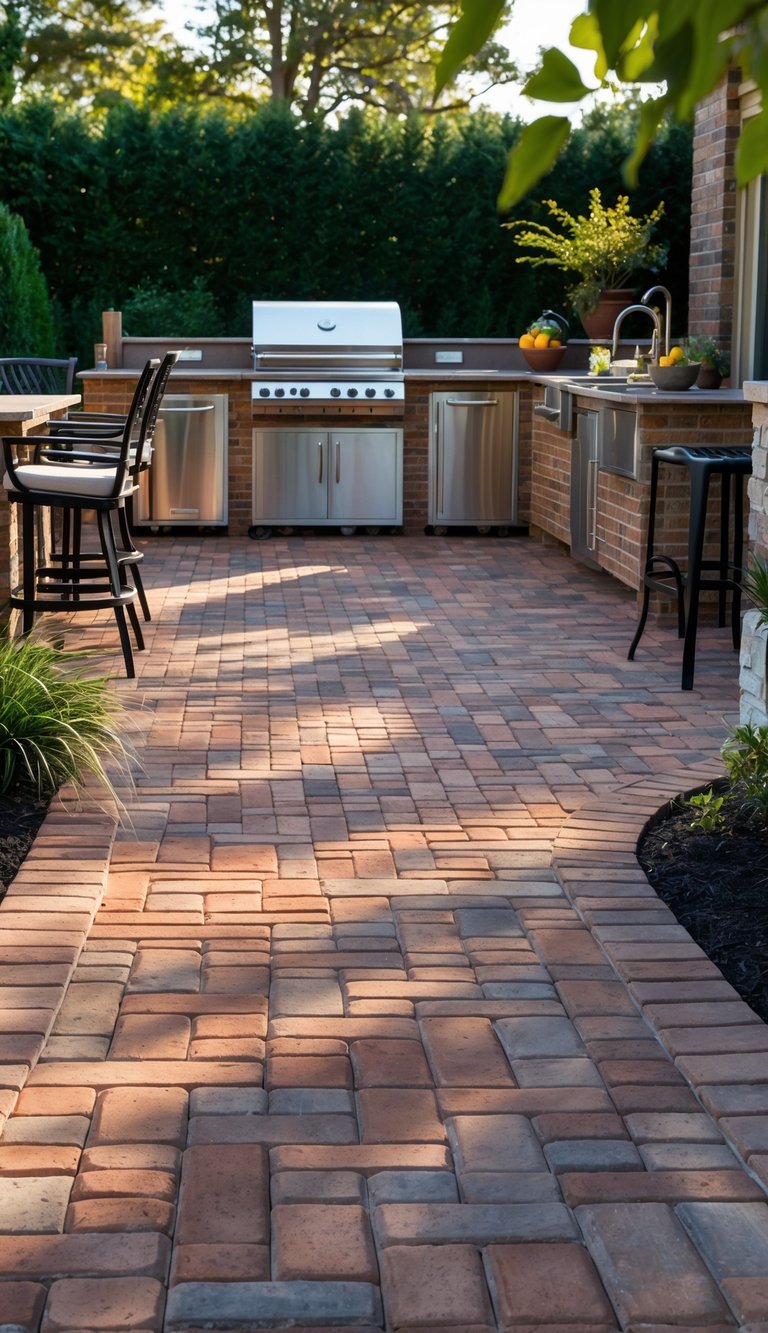 15 Outdoor Kitchen Flooring Ideas to Elevate Your Patio Design 14 Outdoor kitchen with brick paver flooring, grill, countertops, seating, and surrounding plants.