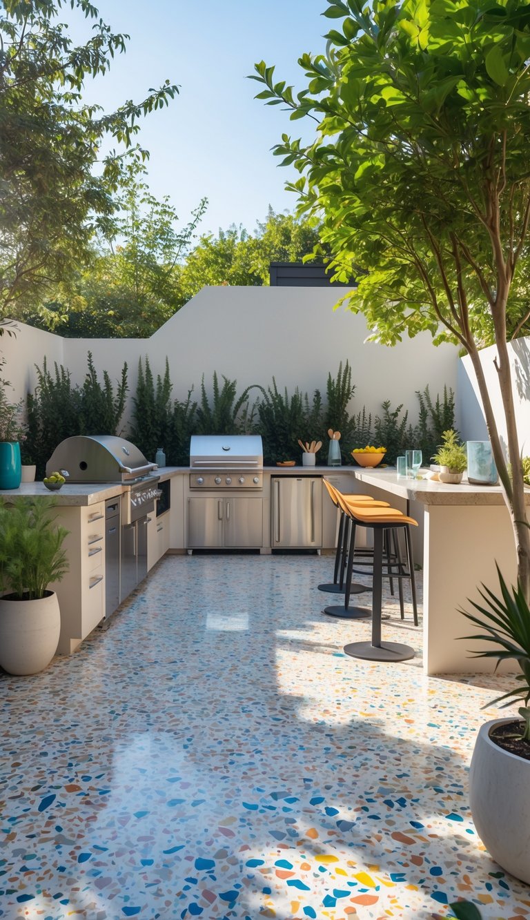 15 Outdoor Kitchen Flooring Ideas to Elevate Your Patio Design 15 Outdoor kitchen with terrazzo flooring, grill, countertop, bar stools, and surrounding plants in a bright setting.