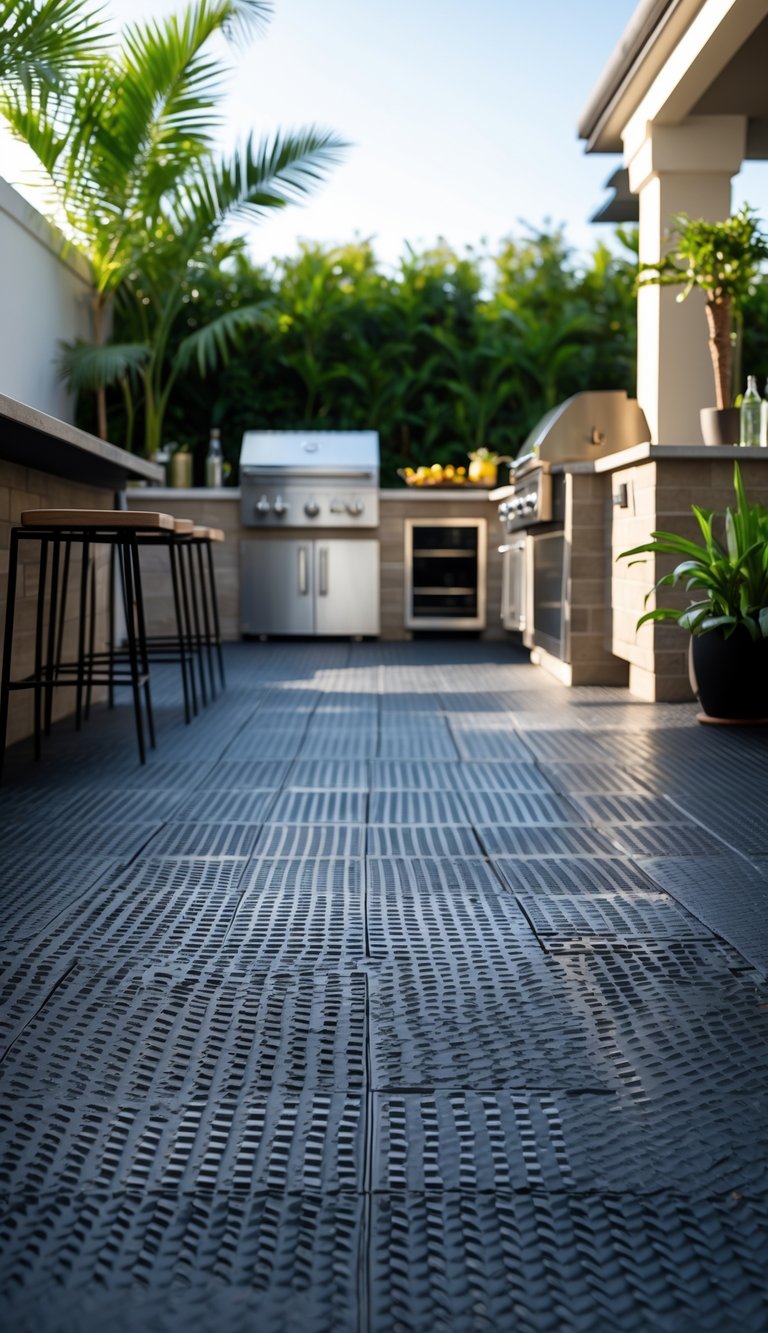 15 Outdoor Kitchen Flooring Ideas to Elevate Your Patio Design 16 An outdoor kitchen with slip-resistant rubber tile flooring, stainless steel appliances, and green plants around.