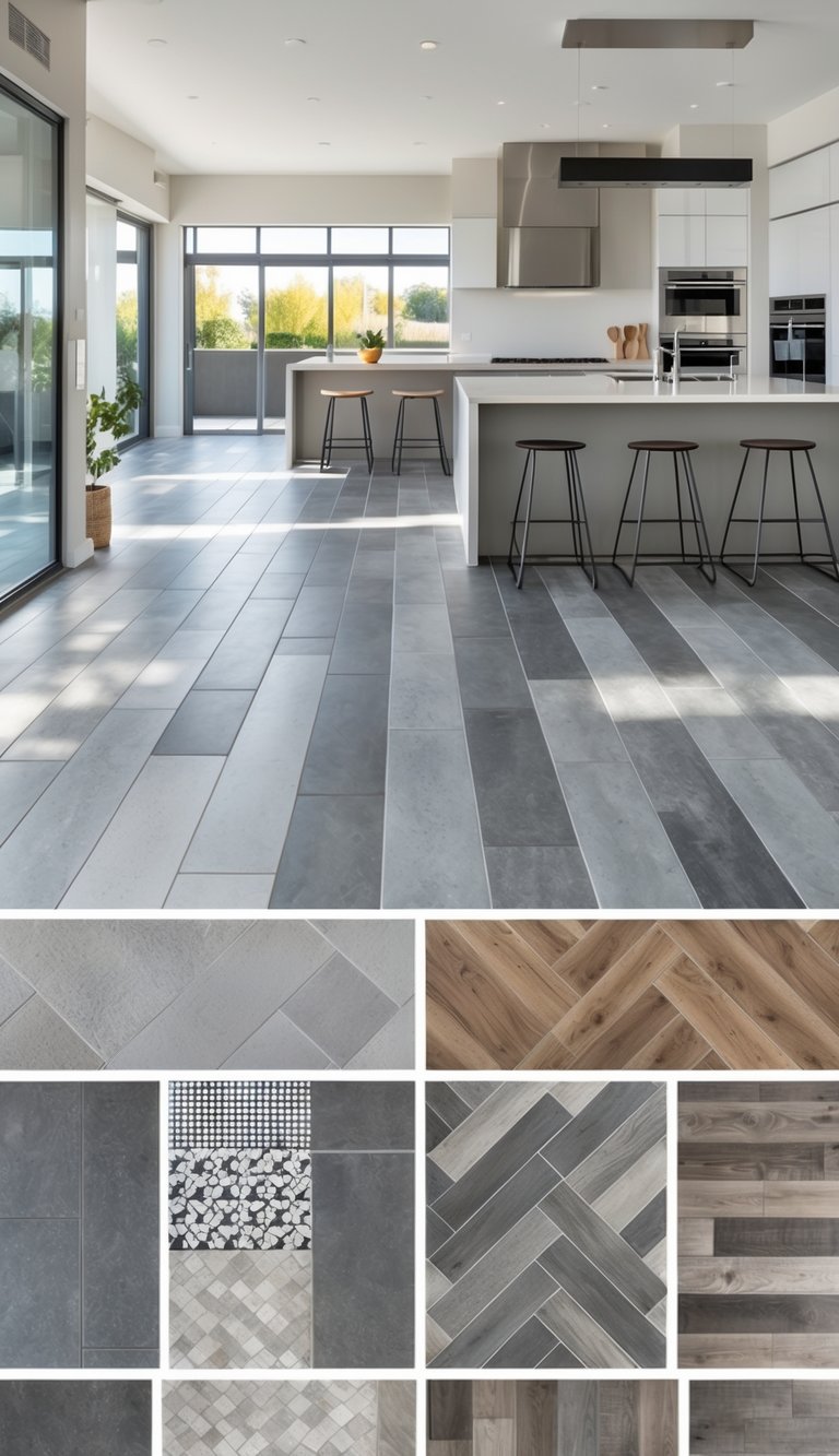A modern kitchen interior displaying various gray flooring styles with cabinets, appliances, and a large island.