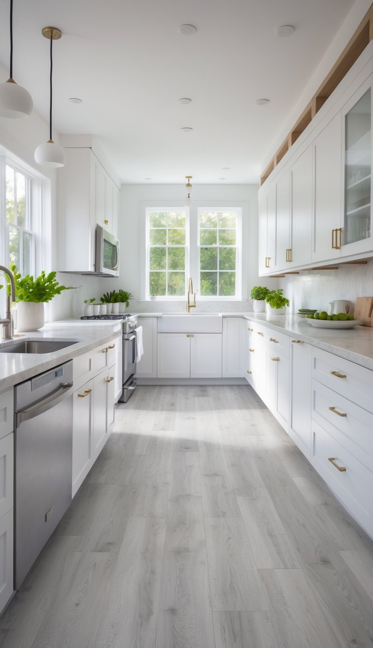 A modern kitchen with light gray wood-textured flooring, white cabinets, and stainless steel appliances illuminated by natural light.
