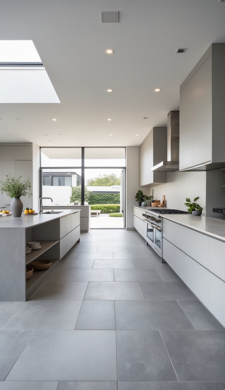 A modern kitchen with matte gray tile flooring, cabinets, appliances, and a central island under natural light.