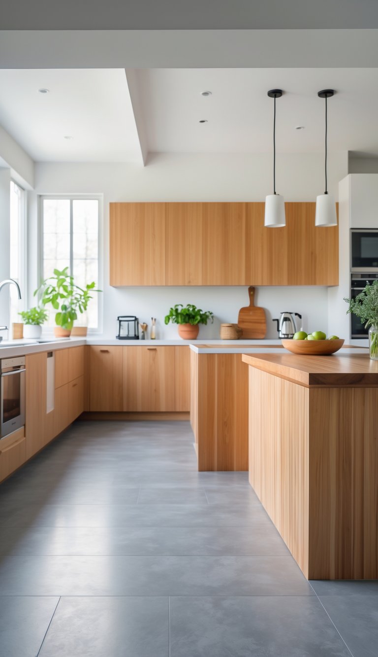 A modern kitchen with gray floors and warm wood cabinets and island, illuminated by natural light.