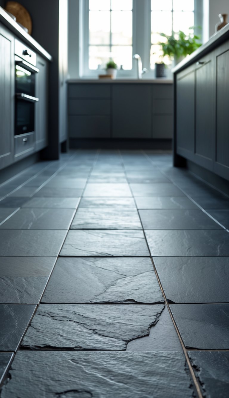 Close-up view of dark gray slate tile flooring in a kitchen.