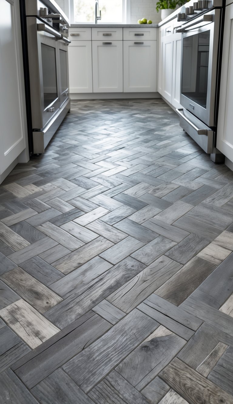 A modern kitchen floor with gray reclaimed wood effect tiles arranged in a herringbone pattern.