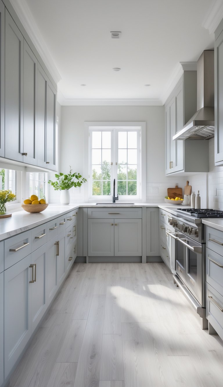 A bright kitchen with light gray cabinets and matching gray wood floors, featuring a large island and stainless steel appliances.