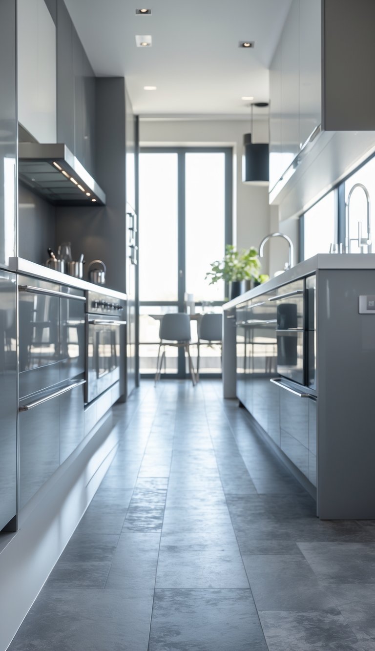 A modern kitchen with gray flooring and chrome fixtures including cabinet handles and faucets.