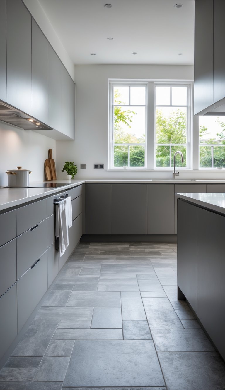 A kitchen with gray floor tiles and cabinets in various shades of gray, illuminated by natural light from large windows.