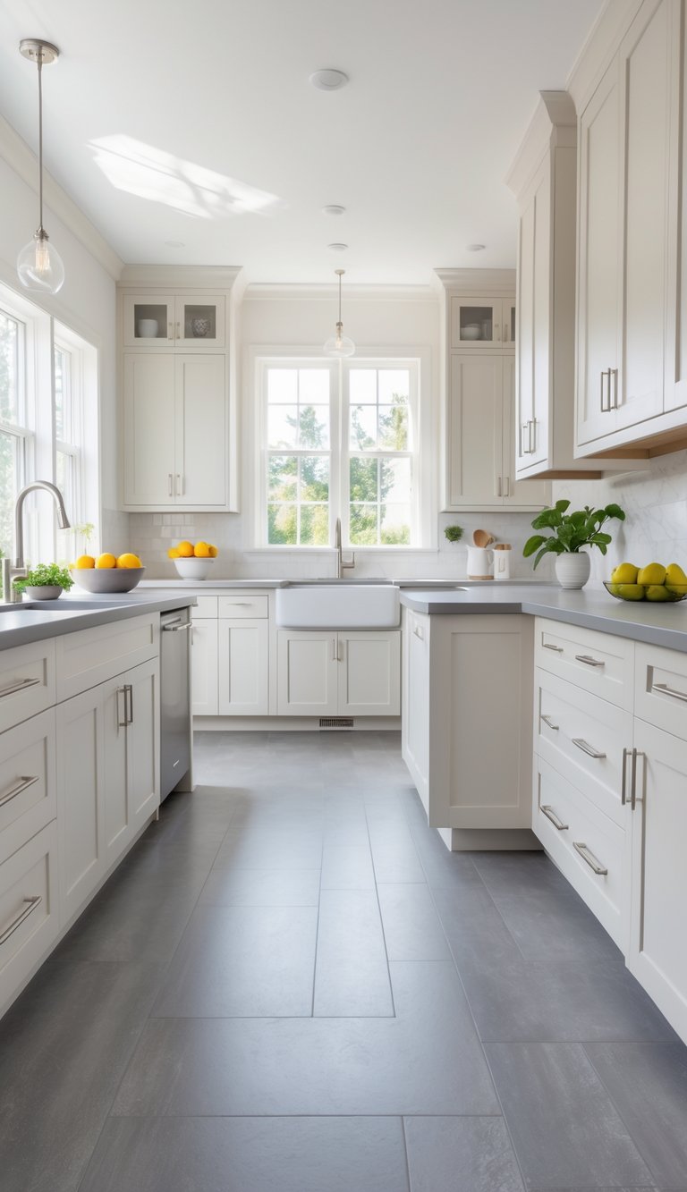 A bright kitchen with gray flooring and off-white cabinets, featuring a central island and stainless steel appliances.