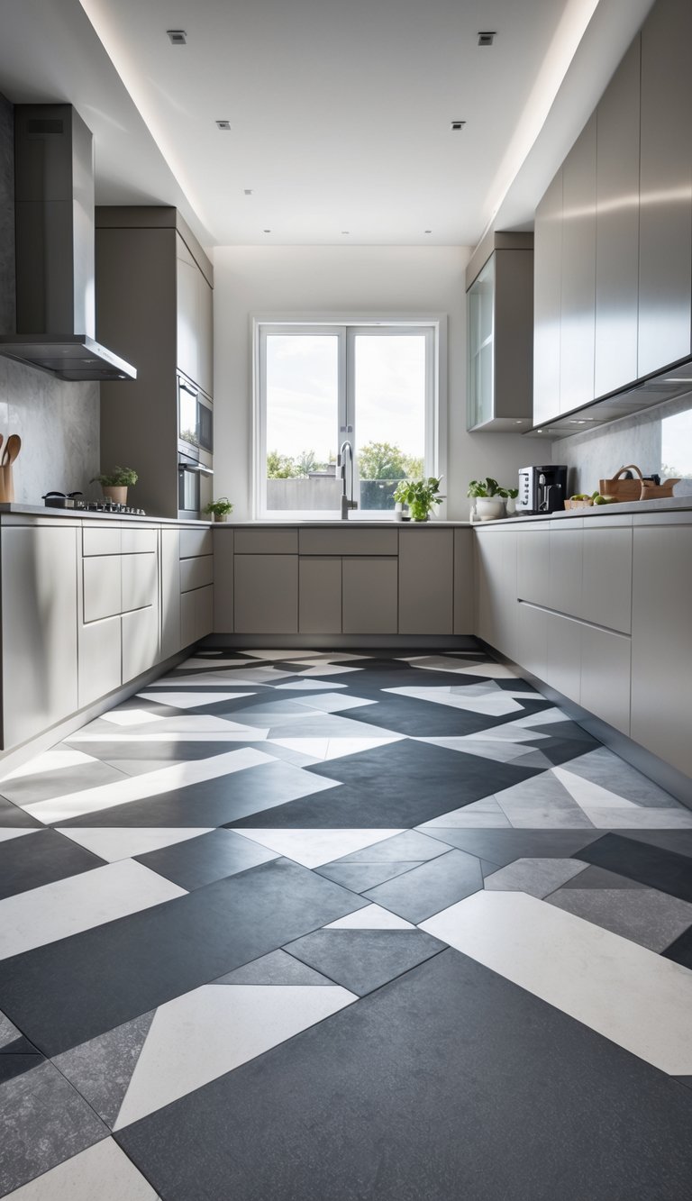 A modern kitchen with large windows and gray geometric patterned floors, featuring cabinets and stainless steel appliances.