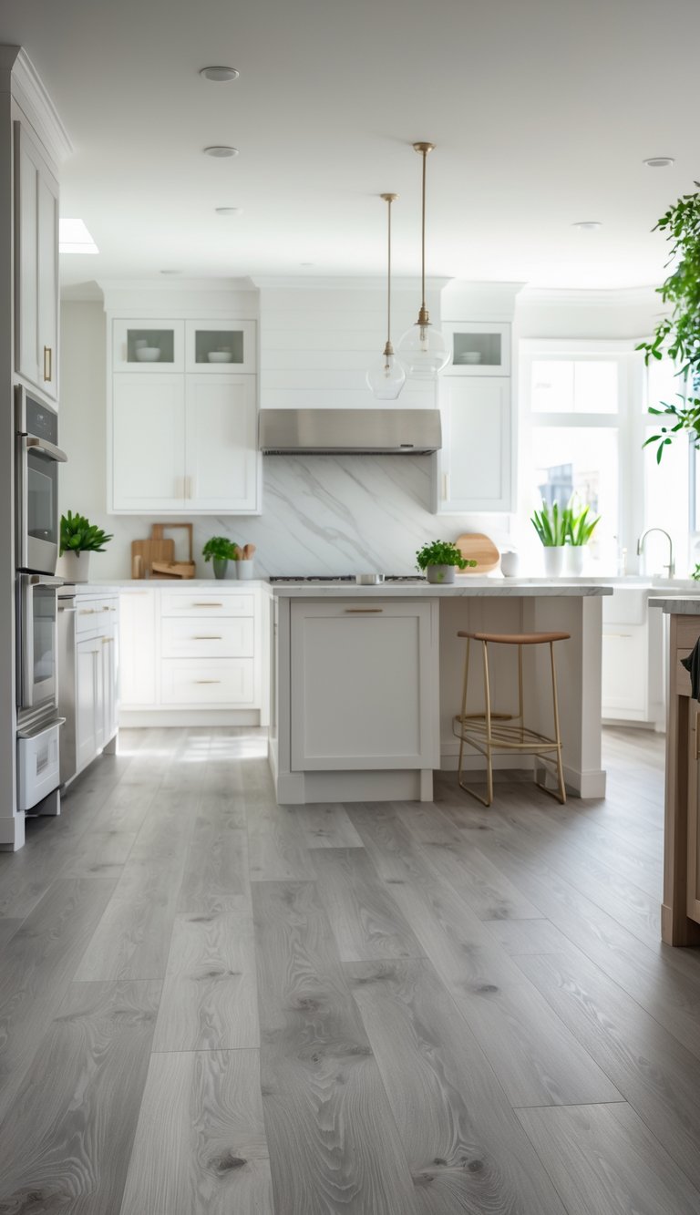 A bright kitchen with gray wood laminate flooring, white cabinets, a large island, and stainless steel appliances.