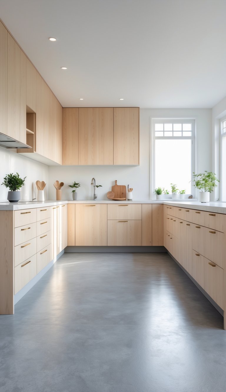 A modern kitchen with gray flooring and pale wood cabinets and drawers, illuminated by natural light.