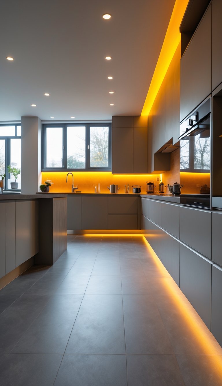 A modern kitchen with gray floors and warm amber lighting illuminating the space.