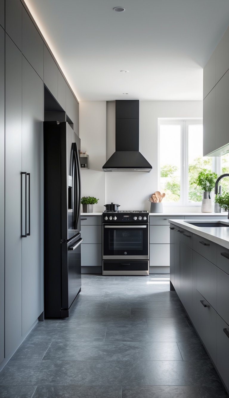 A modern kitchen with gray flooring and matching black and gray appliances.