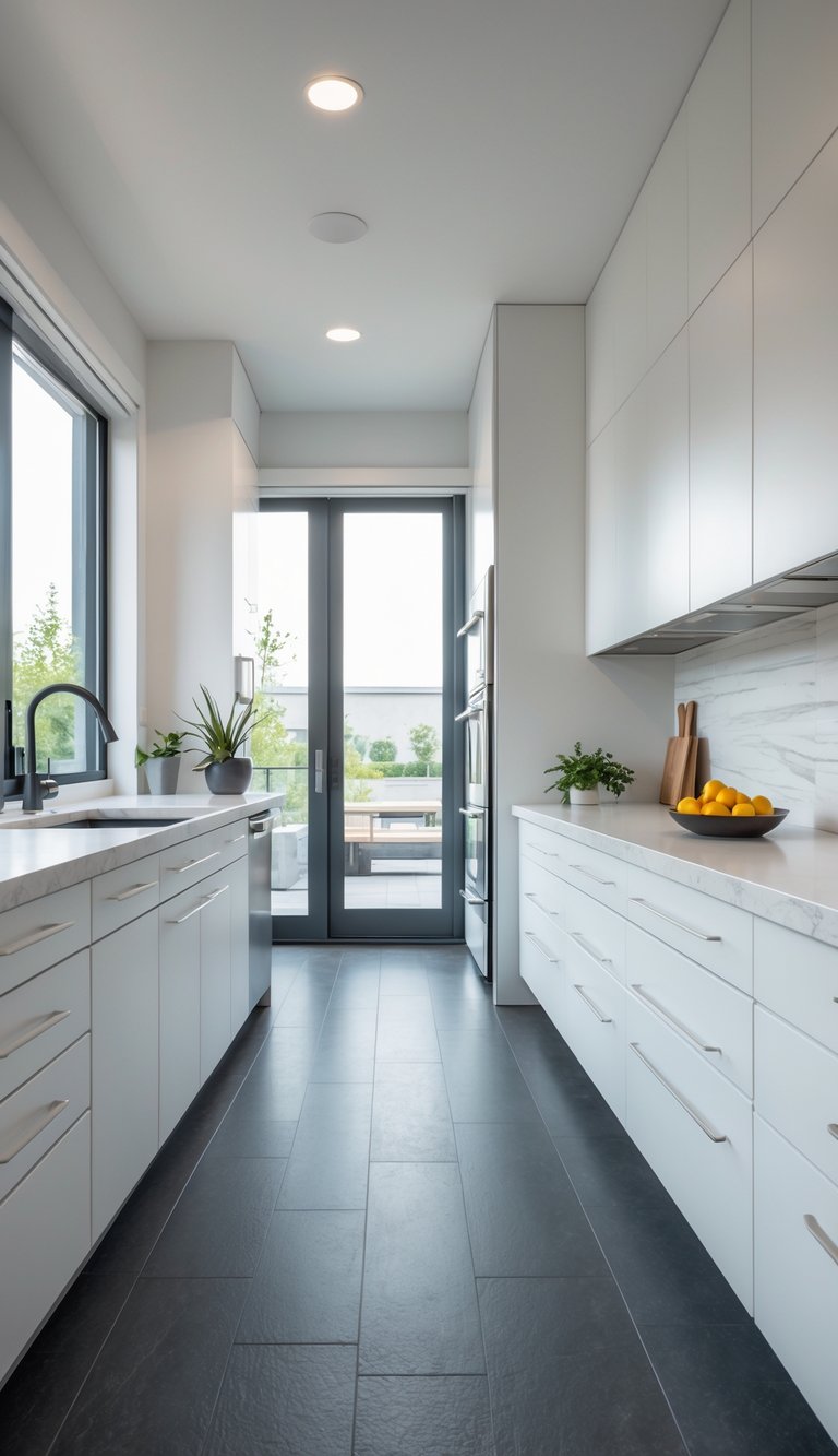 A modern kitchen with dark gray floors and white cabinets, featuring a kitchen island and natural light.