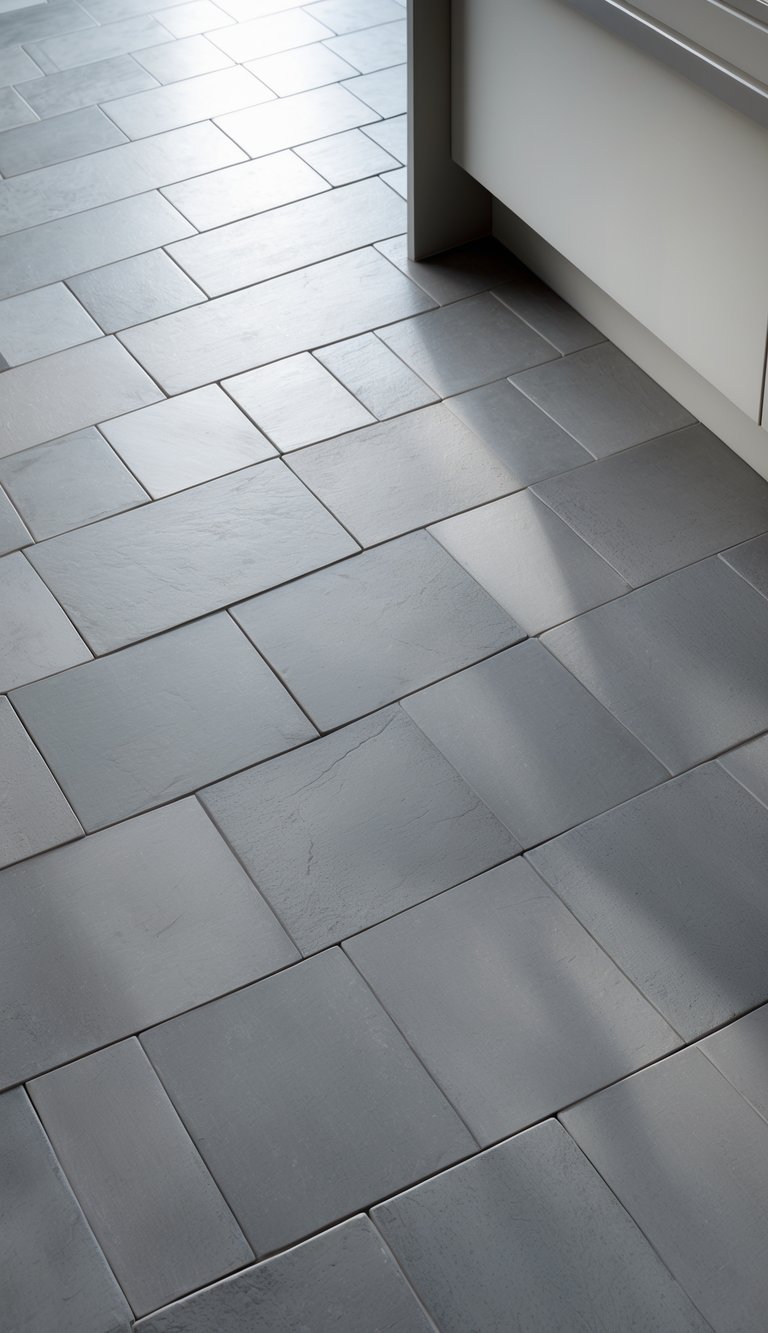 Close-up view of a kitchen floor with gray ceramic tiles that have subtle textures.