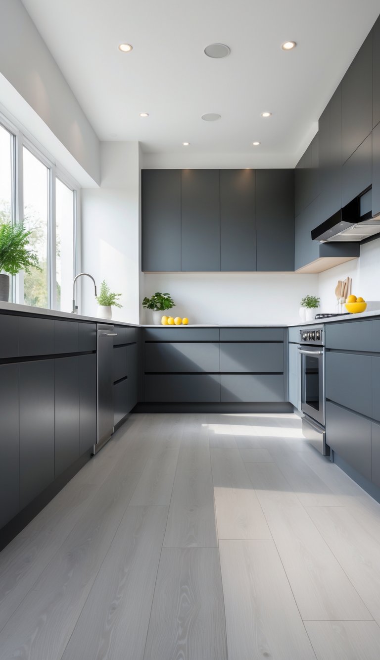 A bright kitchen with dark gray cabinets and light gray wood flooring, featuring stainless steel appliances and a white countertop.