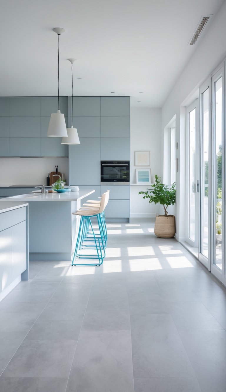 A bright kitchen with light gray floors and soft blue accents in cabinets and decor.