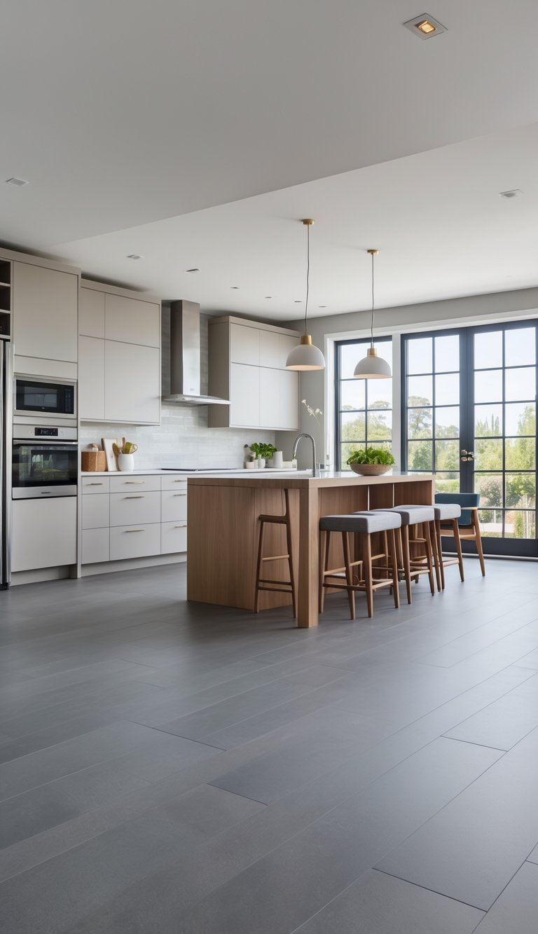 Open plan kitchen and dining area with gray flooring, modern kitchen cabinets, dining table, and natural light from large windows.