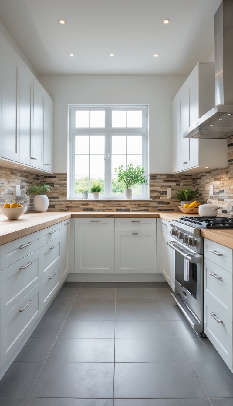 A modern kitchen with gray tile flooring and a natural stone backsplash, featuring white cabinets, stainless steel appliances, and a wooden island countertop.