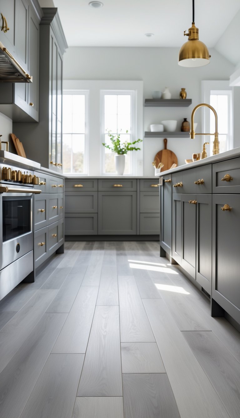 A modern kitchen with gray flooring and brass hardware on the cabinets, illuminated by natural light.