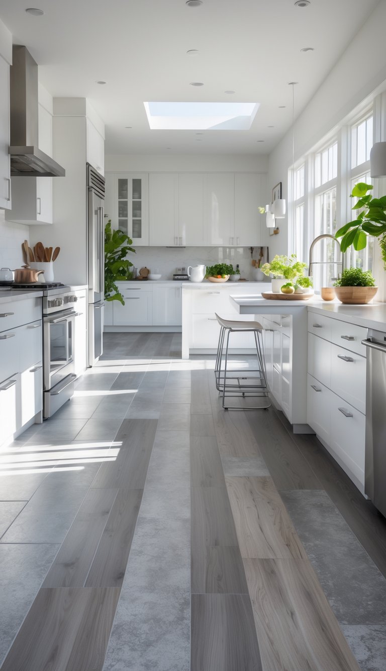 A bright kitchen with gray flooring, white cabinets, stainless steel appliances, and natural light coming through large windows.