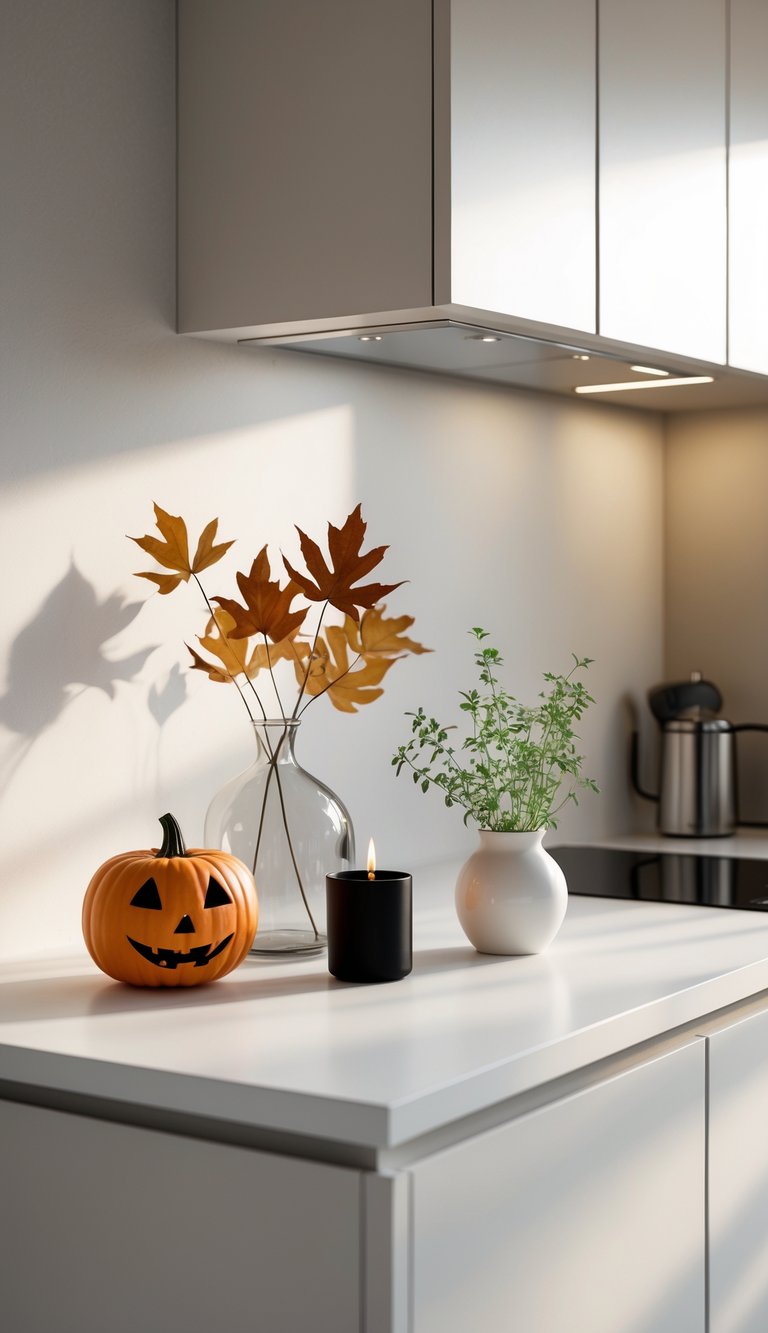 A modern kitchen countertop decorated with a small carved pumpkin, dried autumn leaves in a glass vase, a black candle holder, and a white pot with herbs.