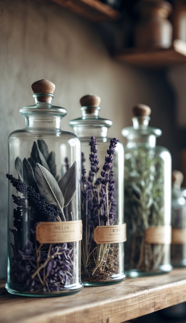A wooden kitchen shelf displaying vintage glass apothecary jars filled with dried herbs and botanicals associated with Halloween.
