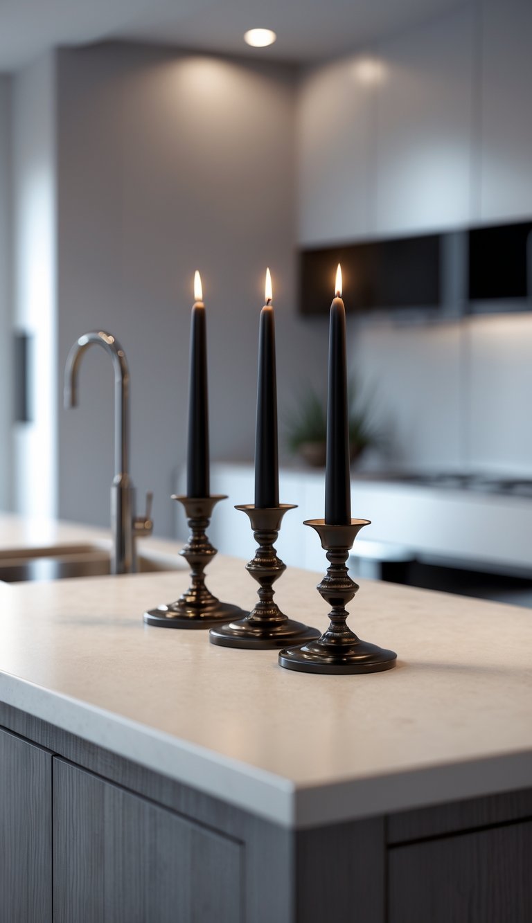Three black taper candles lit on a kitchen island in a modern kitchen.