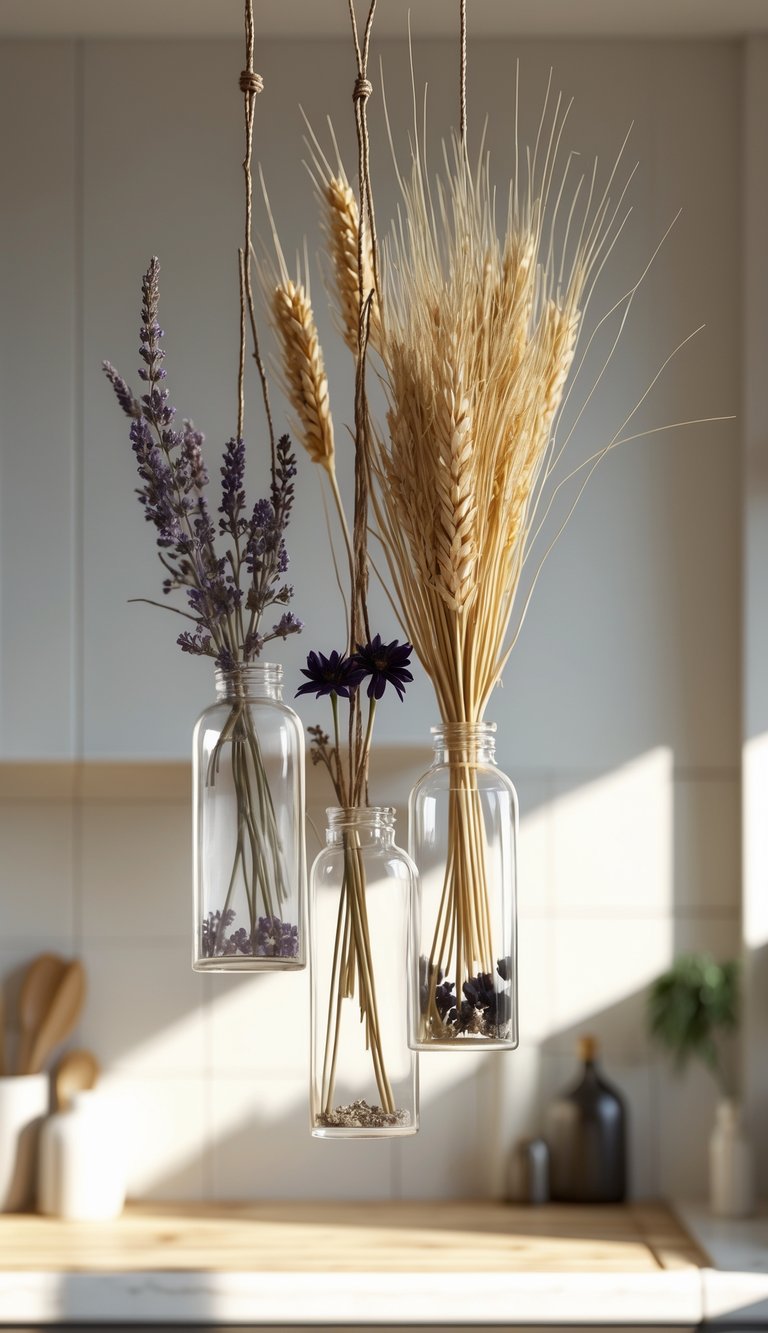 Dried flowers hanging from strings against a kitchen wall as Halloween decorations.