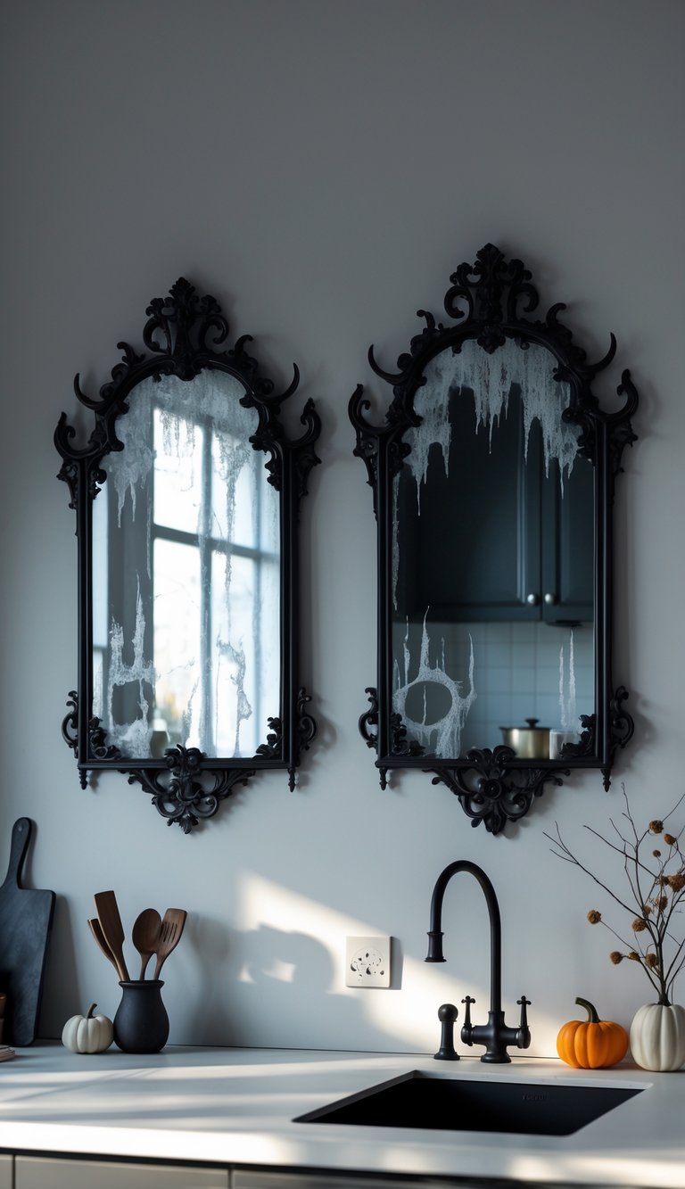 A kitchen countertop with ornate gothic mirrors reflecting faint ghostly shapes, surrounded by subtle Halloween decorations.