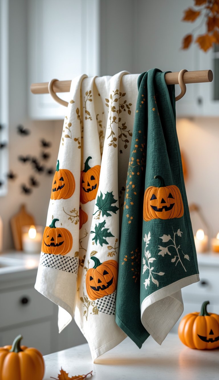 Halloween-themed dish towels with pumpkin designs displayed in a kitchen with seasonal decorations.