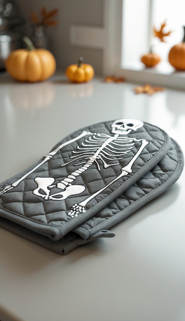 A pair of skeleton-printed oven mitts placed on a kitchen countertop with small pumpkins and autumn leaves in the background.