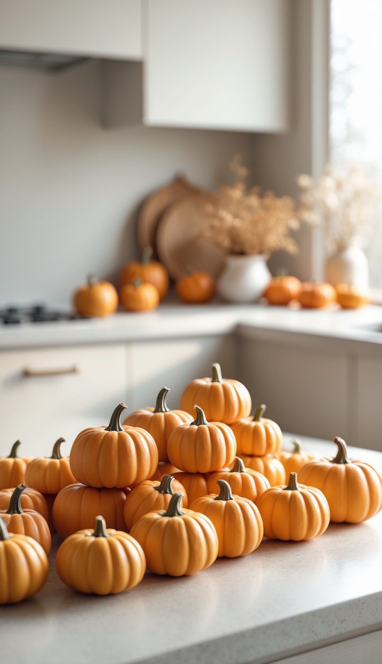 Mini pumpkins arranged on a kitchen countertop with blurred kitchen elements in the background.