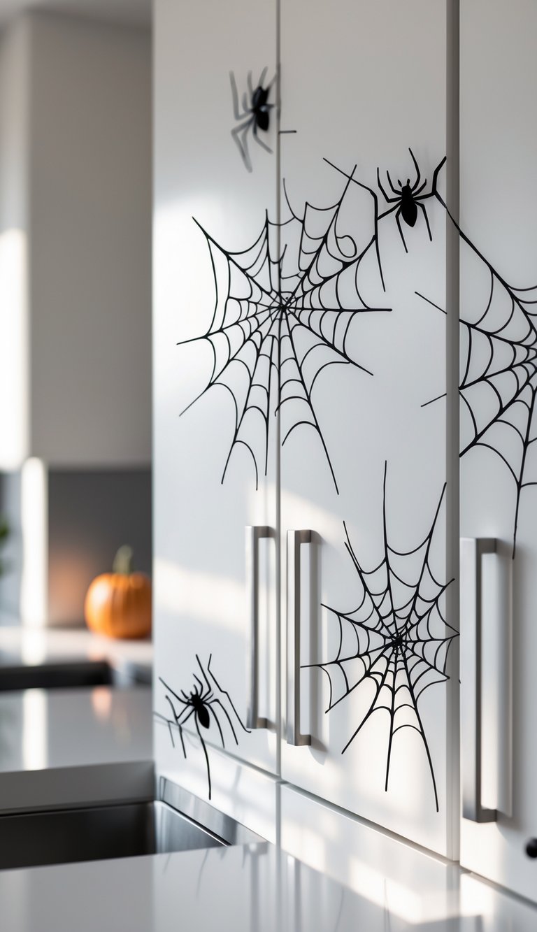 A modern kitchen with white cabinet doors decorated with black spiderweb decals and a small pumpkin on the countertop.