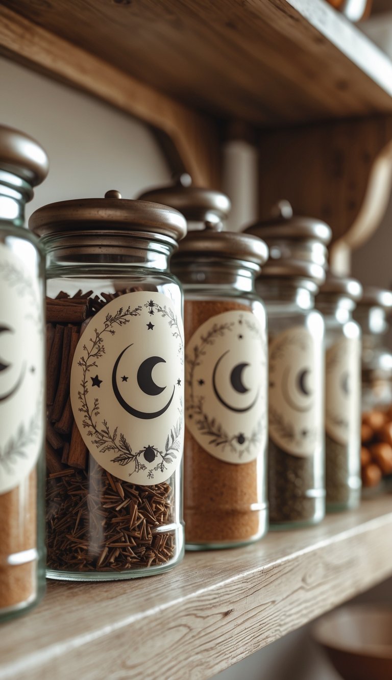 A wooden kitchen shelf holding vintage spice jars with decorative witchy labels and autumn-colored spices inside.