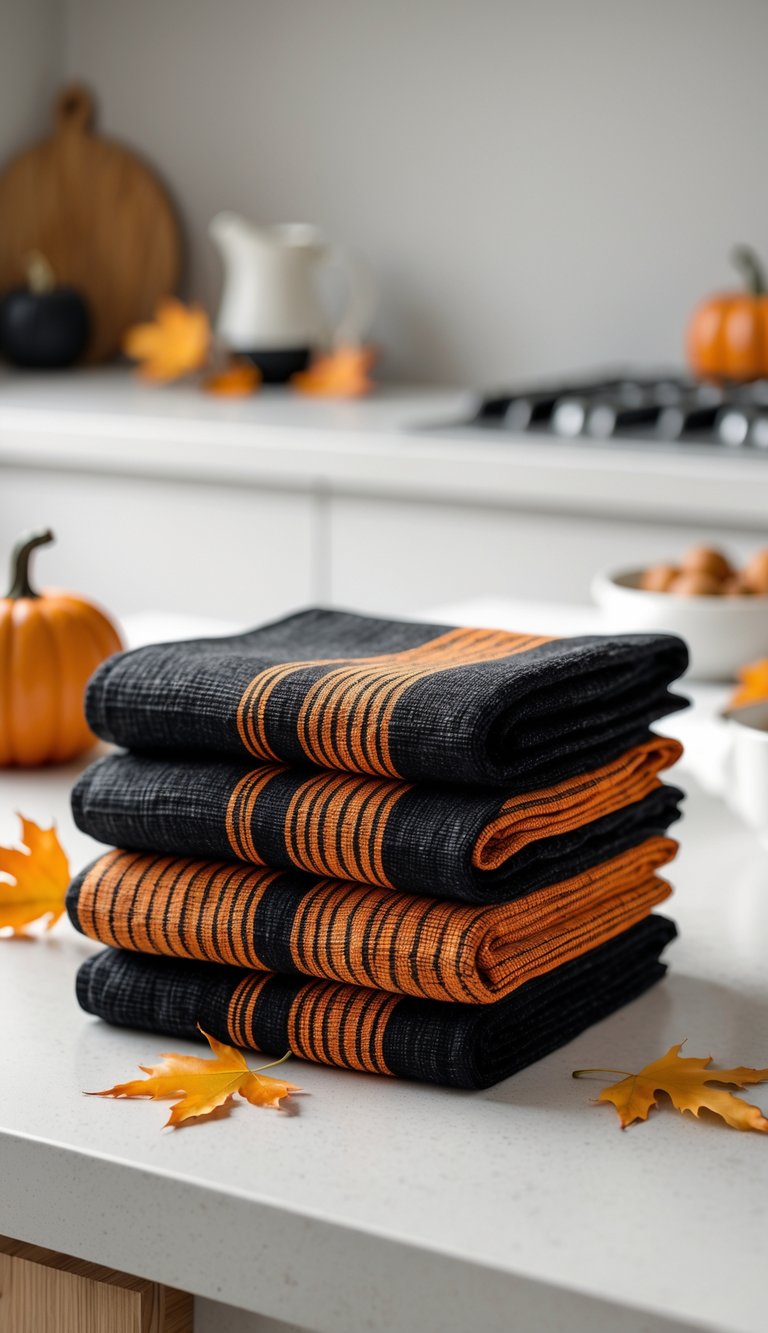 Black and orange striped tea towels folded on a kitchen countertop with a small pumpkin and autumn leaves nearby.