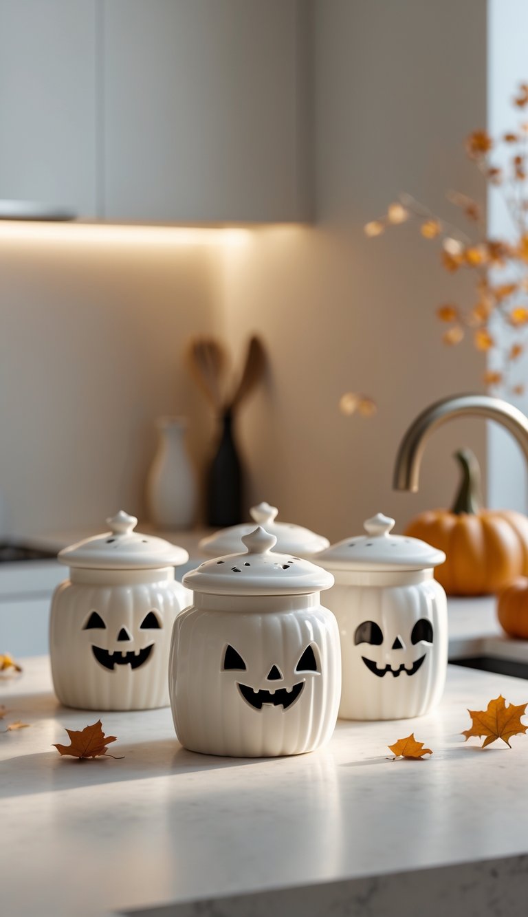 A set of charming Halloween-themed cookie jars shaped like pumpkins, ghosts, and black cats arranged on a kitchen countertop with autumn leaves nearby.